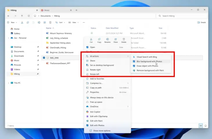 AI Actions Windows Explorer