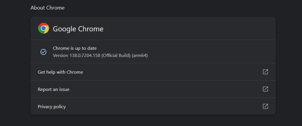 Chrome Updates chrome settings