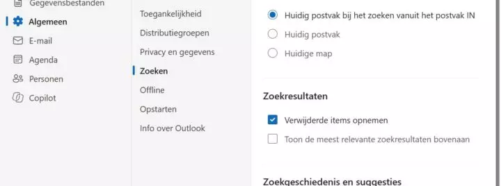 outlook search settings